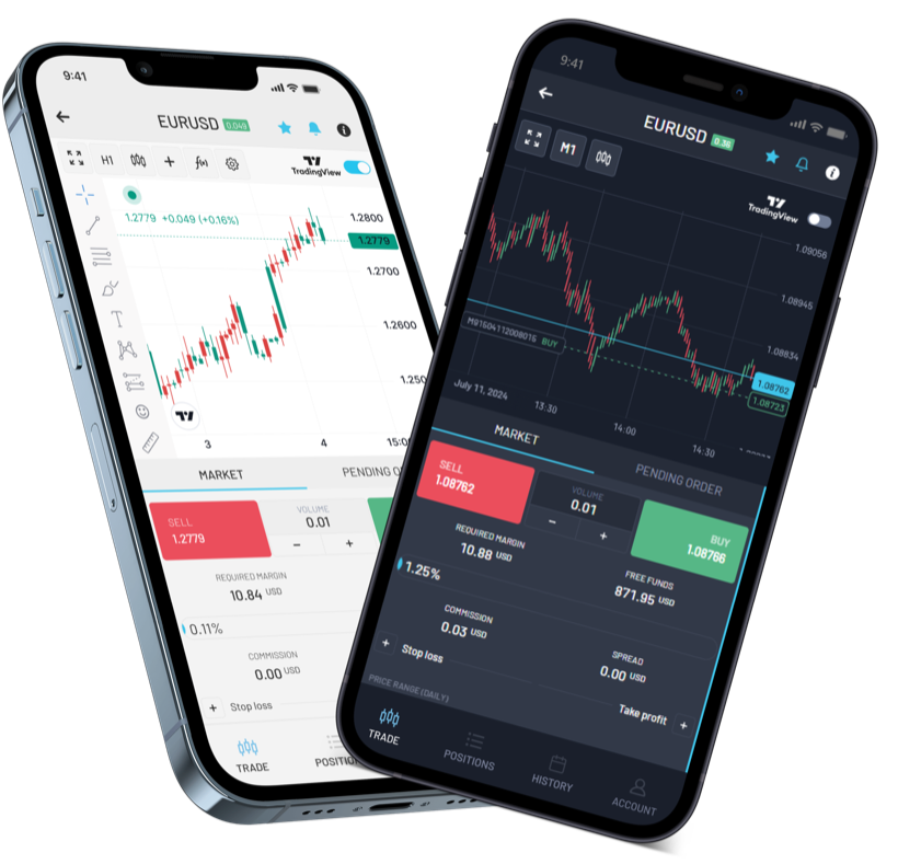 Match-Trader mobile app showing TradingView charting on a simulated EUR/USD chart, in light and dark themes